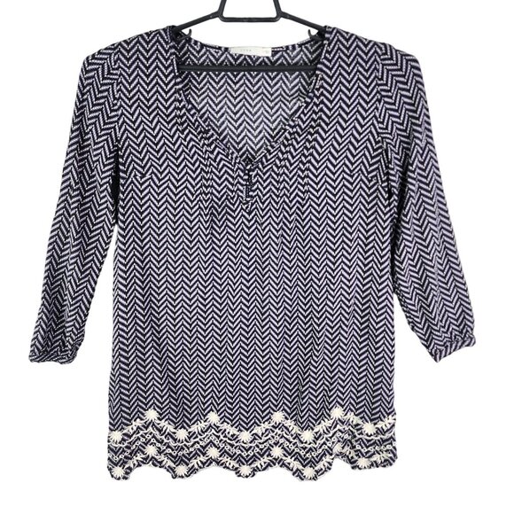 Women's Lush Chevron Black White & Purple Pattern Blouse Top 3/4 Sleeves Size M - Picture 1 of 11